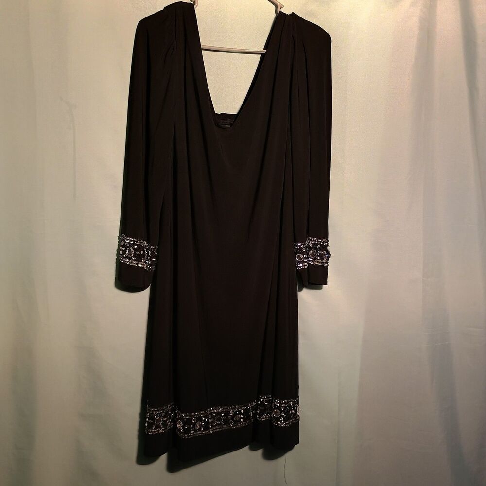 Elegant Black Beaded Cocktail Dress – Draped Back – Long Sleeve Evening Dress